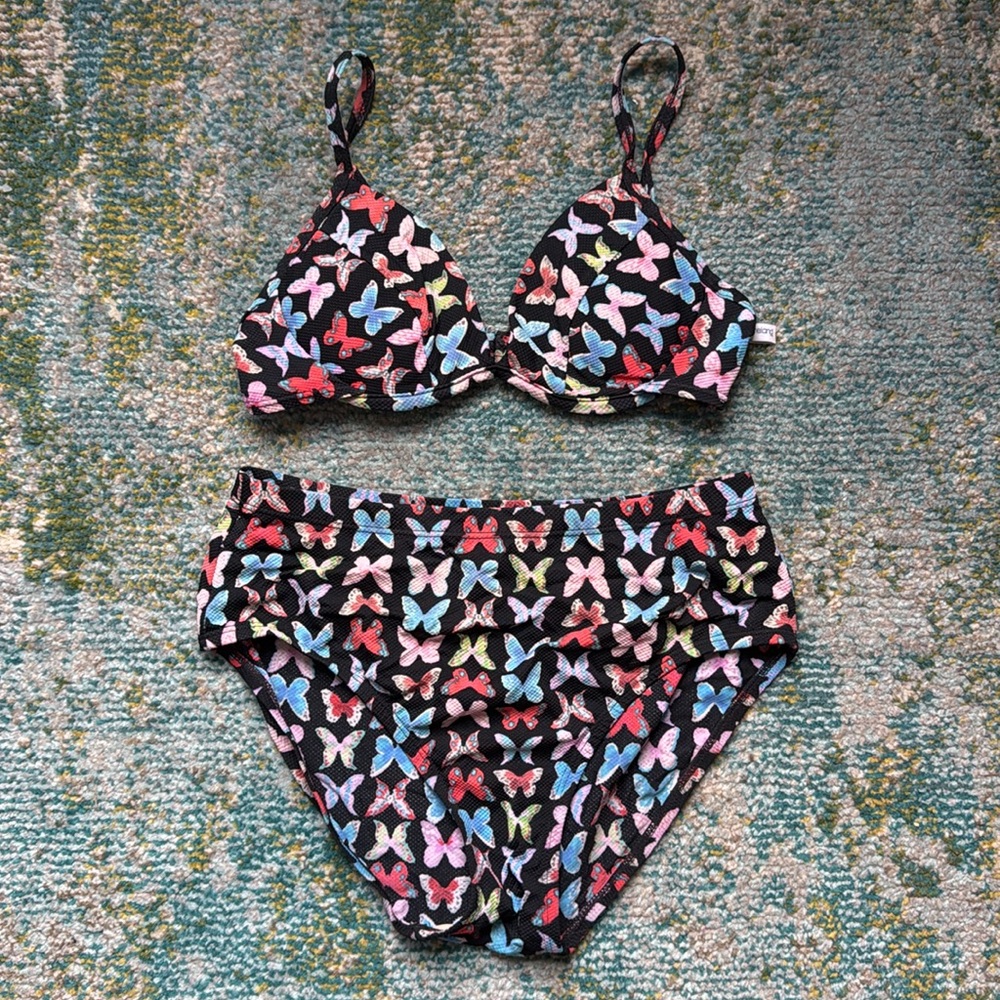 Vintage 90s Kathy Ireland butterfly print multi color bikini, size 8 medium